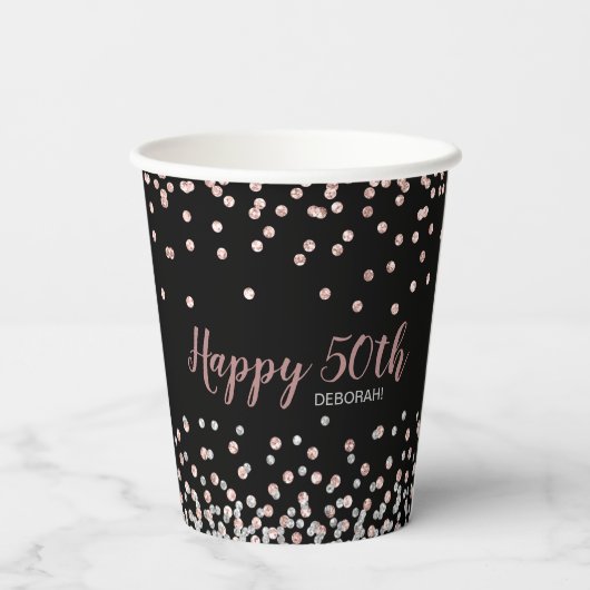 Roos Gold Silver Confetti 50ste verjaardagsfeestje Papieren Bekers (Achterkant)