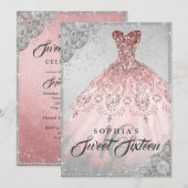 Roos Gold Silver Diamond Sparkle Gown Sweet 16 Kaart (Voorkant / Achterkant)