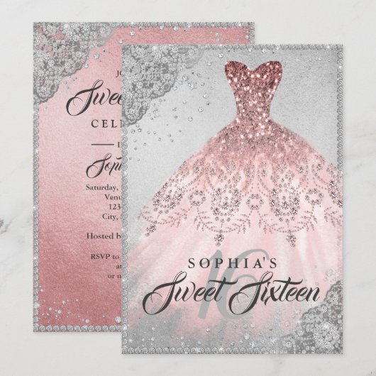 Roos Gold Silver Diamond Sparkle Gown Sweet 16 Kaart (Voorkant / Achterkant)