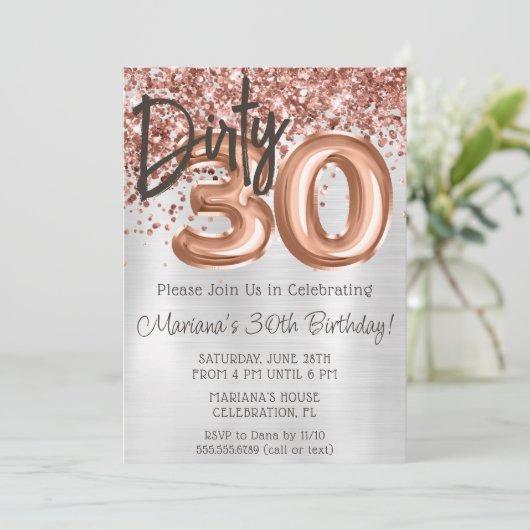 Roos Gold Silver Dirty 30 Thirty Birthday Party Kaart (Staand voorkant)