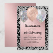 Roos Gold Silver Glitter Balloons Quinceañera Kaart (Voorkant / Achterkant)