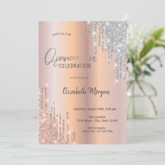 Roos Gold Silver Glitter Drift Quinceañera Kaart (Staand voorkant)