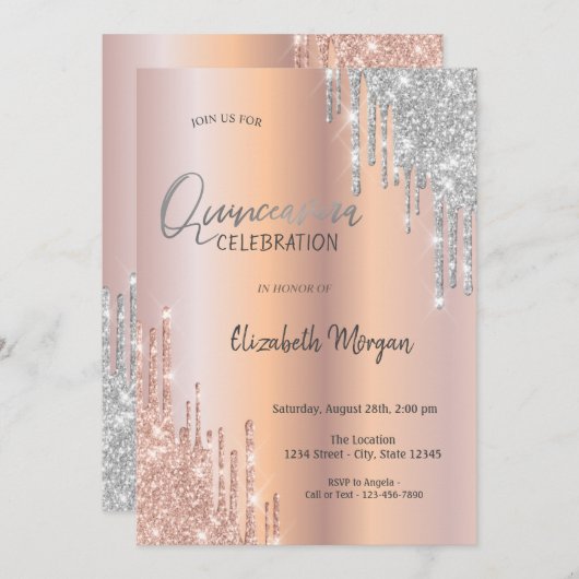 Roos Gold Silver Glitter Drift Quinceañera Kaart (Voorkant / Achterkant)