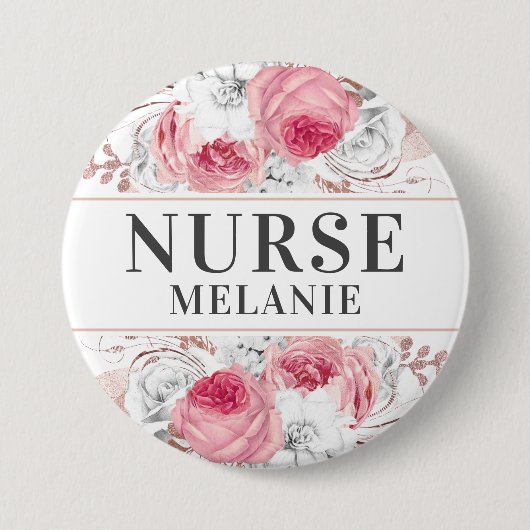 Roos Gold Silver Glitter Nurse Name Button Badge (Voorkant)
