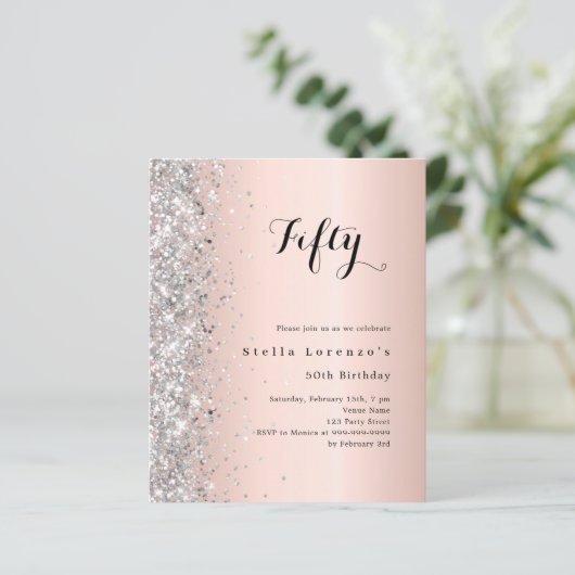 Roos Gold Silver Glitter Verjaardagsuitnodiging (Staand voorkant)