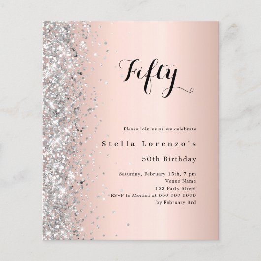 Roos Gold Silver Glitter Verjaardagsuitnodiging (Voorkant)