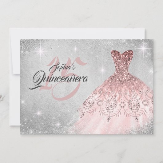 Roos Gold Silver Lace Diamond Gown Quinceanera Kaart (Voorkant)