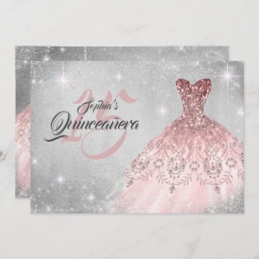 Roos Gold Silver Lace Diamond Gown Quinceanera Kaart (Voorkant / Achterkant)