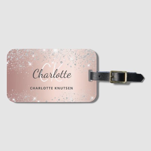 Roos Gold Silver Monogram naamscript Bagagelabel (Voorkant (horizontaal))