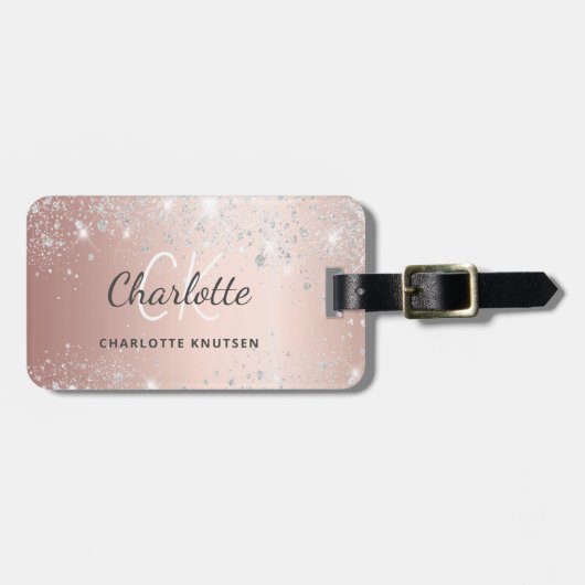 Roos Gold Silver Monogram naamscript Bagagelabel (Voorkant horizontaal)