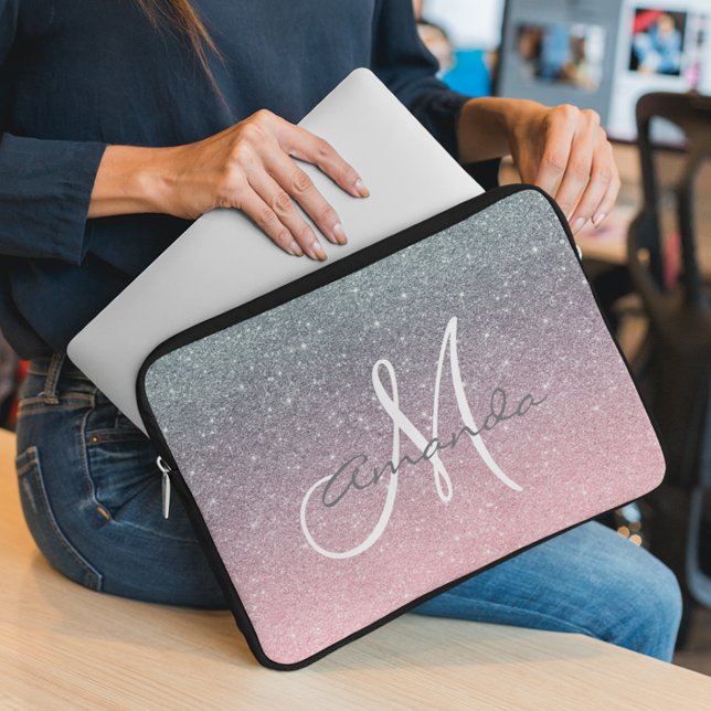 Roos Gold Silver Ombre Monogram Personaliseren Laptop Sleeve (Creator heeft geüpload)