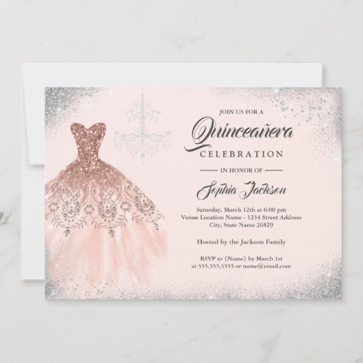 Roos Gold Silver Sparkle Lace Gown Quinceanera Kaart (Achterkant)