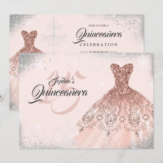 Roos Gold Silver Sparkle Lace Gown Quinceanera Kaart (Voorkant / Achterkant)