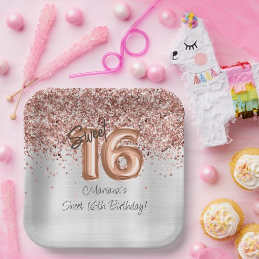 Roos Gold Silver Sweet 16e verjaardagsfeestje Papieren Bordje (Feest)