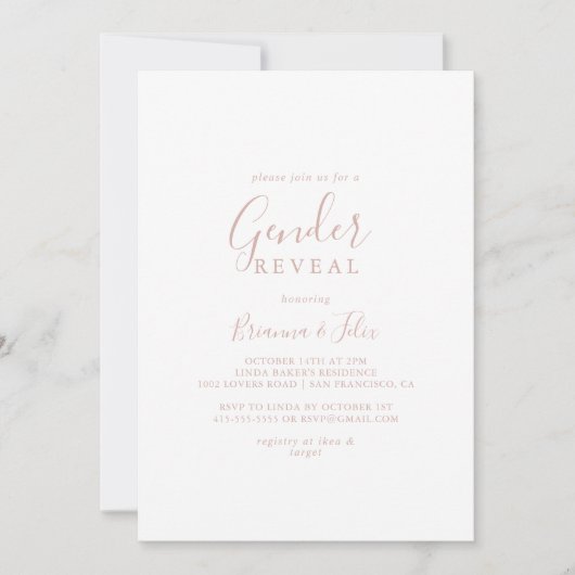 Roos Gold Simple Minimalist Gender Reveal Party Kaart (Voorkant)