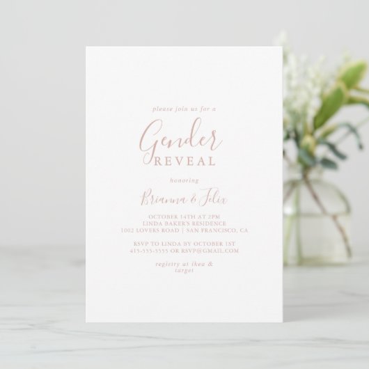 Roos Gold Simple Minimalist Gender Reveal Party Kaart (Staand voorkant)