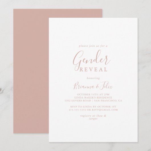 Roos Gold Simple Minimalist Gender Reveal Party Kaart (Voorkant / Achterkant)