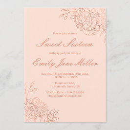Roos Gold Sketched Flowers Pink Floral Sweet 16 Kaart