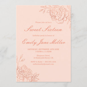 Roos Gold Sketched Flowers Pink Floral Sweet 16 Kaart
