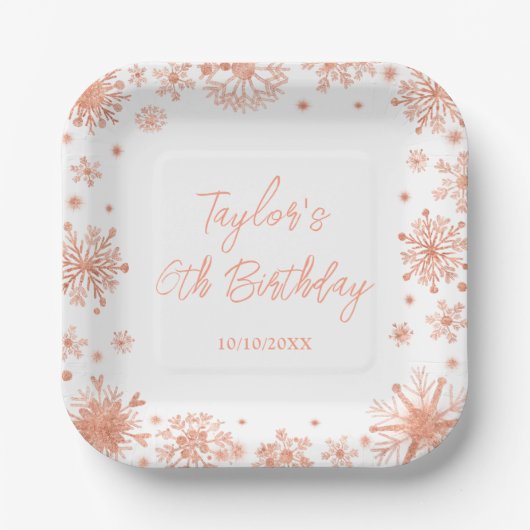 Roos Gold Sneeuwvlokken Verjaardagsfeest Papieren Bordje (Voorkant)