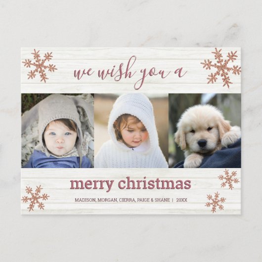Roos Gold Snowflake 3 Foto Merry Kerstmis Briefkaart (Voorkant)