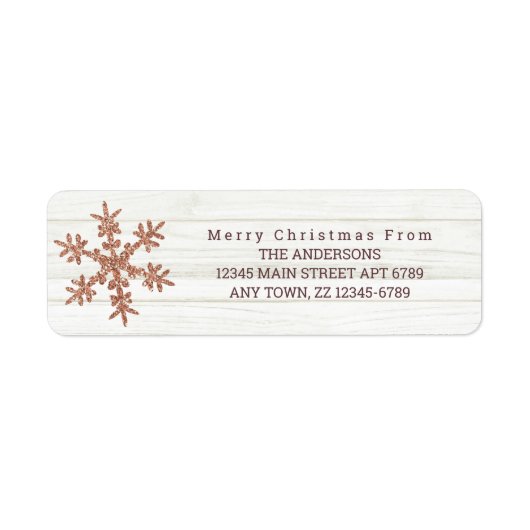 Roos Gold Snowflake Chic Rustic Wood Holiday Etiket (Voorkant)