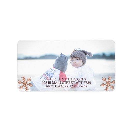 Roos Gold Snowflake kerstfeestdag Foto Etiket (Voorkant)