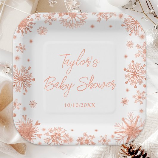 Roos Gold Snowflakes Baby shower Papieren Bordje