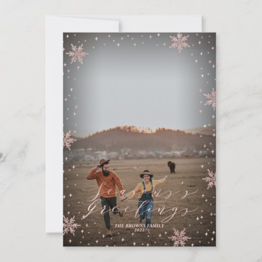 Roos Gold Snowflakes Holiday Foto Wenskaart Kaart (Voorkant)