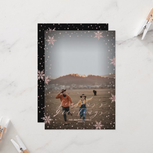 Roos Gold Snowflakes Holiday Foto Wenskaart Kaart (Voorkant / Achterkant in situ)