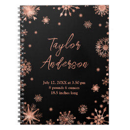 Roos Gold Snowflakes op Black Birth Stats Notitieboek