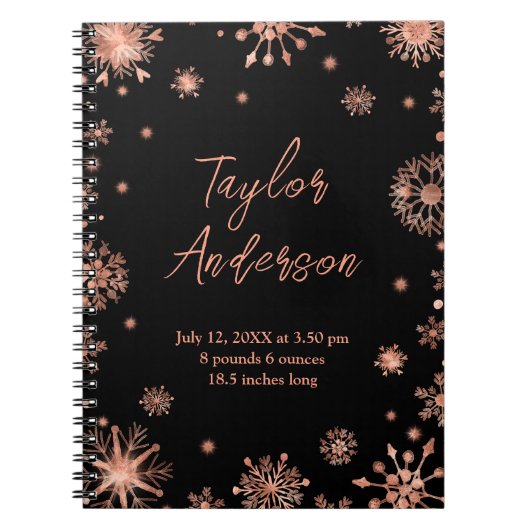 Roos Gold Snowflakes op Black Birth Stats Notitieboek (Voorkant)