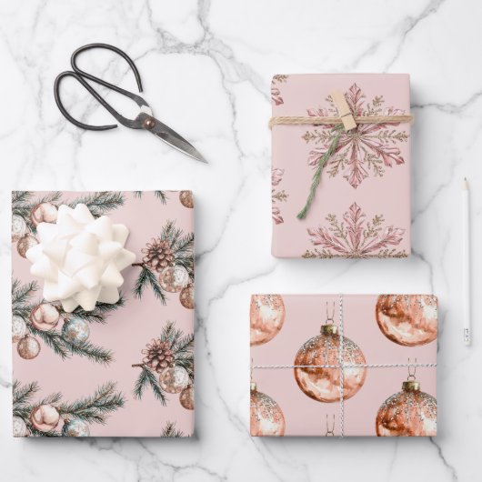 Roos Gold Snowflakes Ornamenten Kerst Inpakpapier Vel (Voorkant)