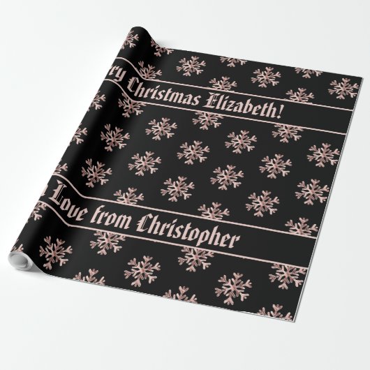 Roos Gold Snowflakes Pattern Kerstmis Black Cadeaupapier (Uitgerold)