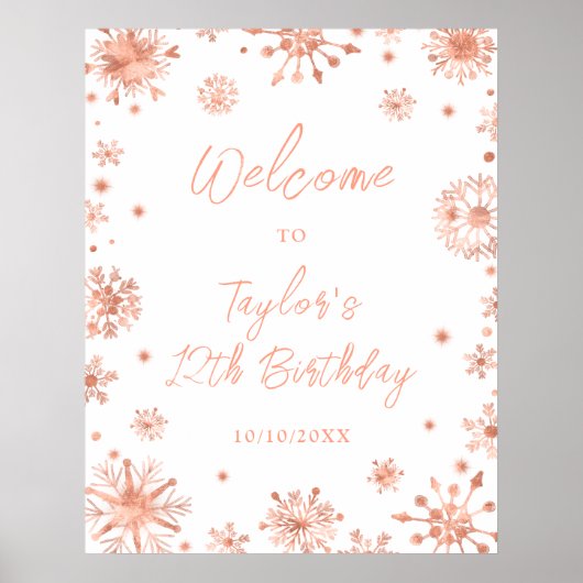 Roos Gold Snowflakes Verjaardagsfeest Welkom Poster (Voorkant)