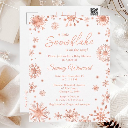 Roos Gold Snowflakes Winter Baby shower Briefkaart