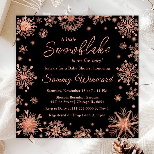 Roos Gold Snowflakes Winter Baby shower Kaart