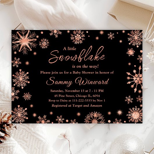 Roos Gold Snowflakes Winter Baby shower Kaart