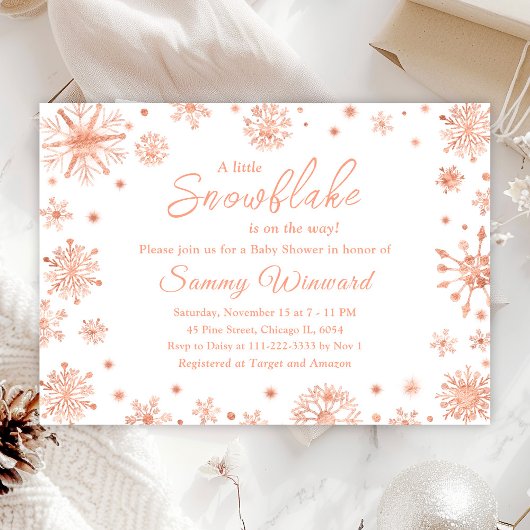 Roos Gold Snowflakes Winter Baby shower Kaart