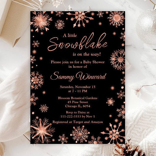Roos Gold Snowflakes Winter Baby shower Kaart
