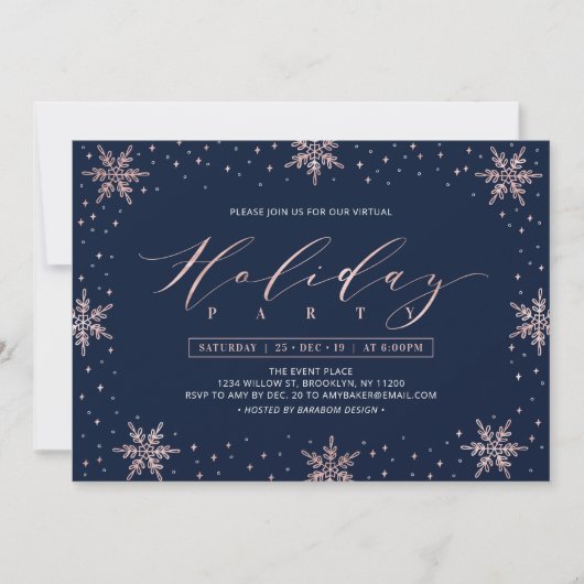 Roos Gold Snowflakes Winter Virtual Holiday Party Kaart (Voorkant)