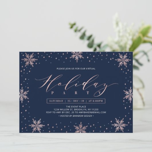 Roos Gold Snowflakes Winter Virtual Holiday Party Kaart (Staand voorkant)
