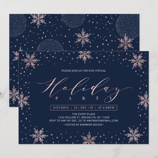 Roos Gold Snowflakes Winter Virtual Holiday Party Kaart (Voorkant / Achterkant)