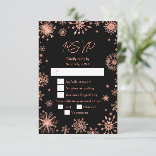 Roos Gold Snowflakes Wintermaaltijd Keuze RSVP Kaartje (Staand voorkant)
