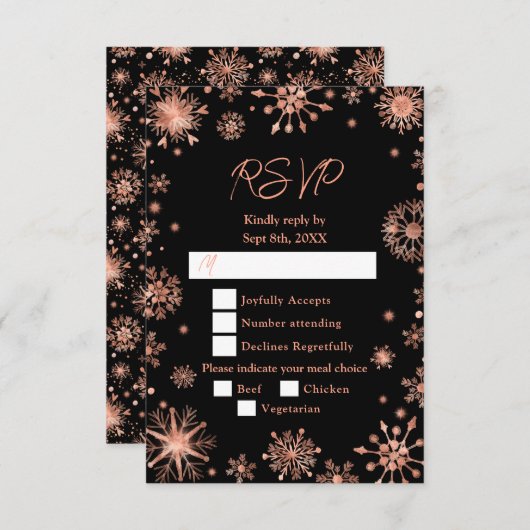 Roos Gold Snowflakes Wintermaaltijd Keuze RSVP Kaartje (Voorkant / Achterkant)
