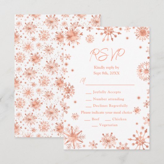 Roos Gold Snowflakes Wintermaaltijd Keuze RSVP Kaartje (Voorkant / Achterkant)