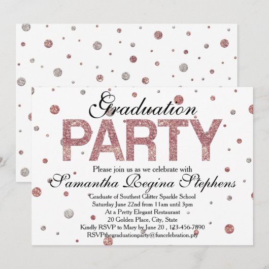 Roos Gold Sparkle Confetti Graduation Party Kaart (Voorkant / Achterkant)