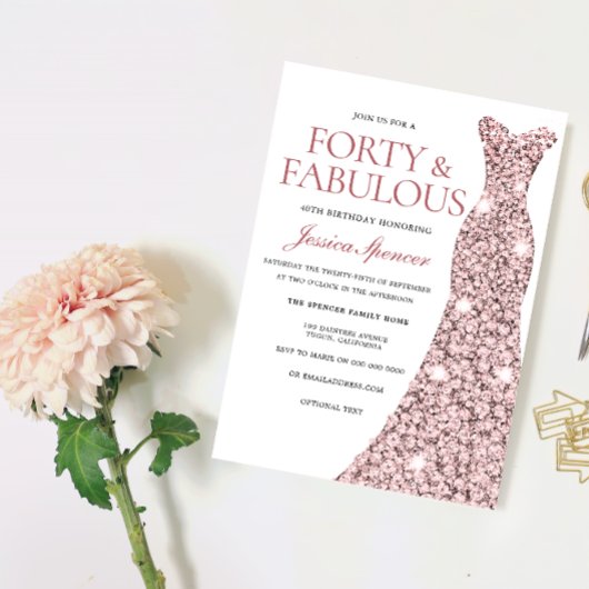Roos Gold Sparkle Dress 40th Birthday Party Invite Kaart