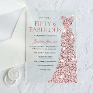 Roos Gold Sparkle Dress 50th Birthday Invite Acryl Uitnodigingen