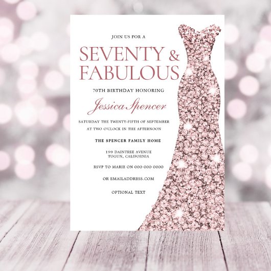 Roos Gold Sparkle Dress 70th Birthday Invite Kaart